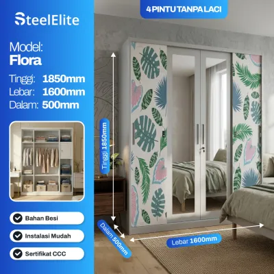 (DISKON 8.8) Lemari Pakaian Besi Sliding 3 Pintu Premium Minimalis Modern Cermin Full Motif