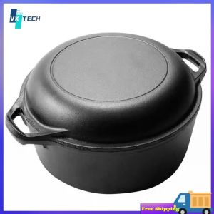 [ VKTECH ] Durable Cast Iron Dutch Oven with Lid for Baking and Frying 2 in 1 Versatile Cookware for Outdoor and Kitchen
