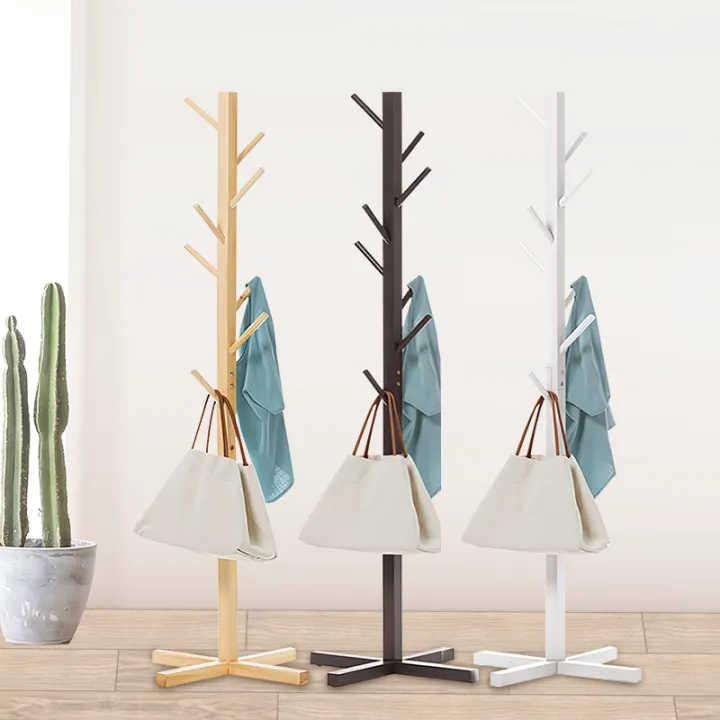 Wood Bag Rack Stand White/Brown/Wood Solid Wood 8 Hooks Bedroom Coat ...