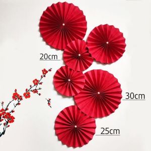 [HCM] Set 6 Quạt Giấy Đỏ tròn trang trí Tết sẵn keo-Quạt Giấy Xếp Đỏ decor nhà cửa -Cozy520