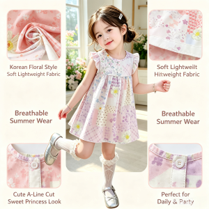 AILEBE Kids Dresses Korean Style Floral Print Princess Dress Soft Breathable Lightweight Fabric Cute A-Line Summer Wear Perfect OOTD Pambahay For Baby Girls 0-13 Years Great For Dailywear