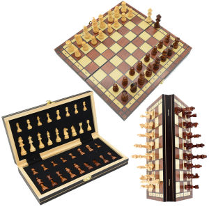 Magnetic Chess Checkers And Backgammon Set Extra Queens Wooden Portable And Foldable Board Game For Travel Game Set