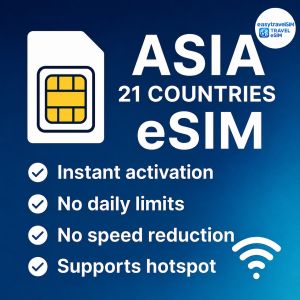 Asia eSIM 21 Countries High Speed Data Supports Hotspot 3GB-50GB | Email Delivery Armenia India