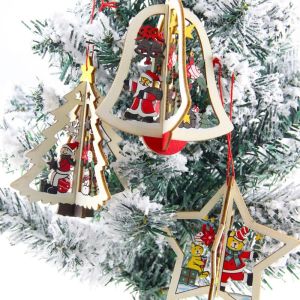 MAOMEI Pentagram Christmas Wooden Ornaments 2D/3D Bell Merry Christmas Wooden Pendant Colorful Hollow Home