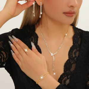 NBANLIKE 4PC Sang trọng Bộ trang sức đính đá Lấp lánh Đơn giản Bộ Trang Sức Thời Trang Nữ Thanh lịch Hình học Bộ vòng cổ bông tai lắc tay nhẫn Đám cưới