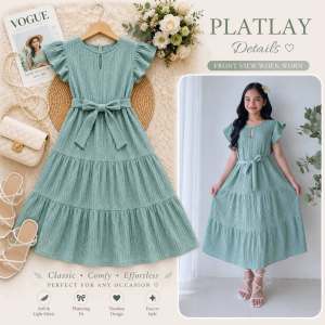 LC Freeyah Plain Elegant Tiered Layered Belted Ruffle Sleeve Midi Dress for Kids Ages 8-12 Bark Crepe Fabric Casual Formal Wear Stretchable Comfortable