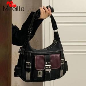 Girls PU Leather Shoulder Bag Adjustable Strap Vintage Crossbody Bag Contrast Color Y2K for Traveling Shopping Commuting