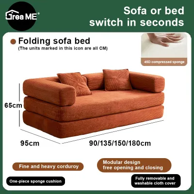 【10 Years Warranty】DreaME Furniture Folding Sofa Bed 4 in 1 Convertible Sofas with Pillow Back Support Armrest Comfy Foldable Sofa Bed Compressed Sofa in Box Corduroy Fabric for Living Room Bedroom