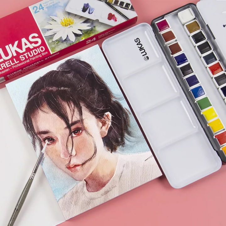 Lukas Travel Watercolor Paint 24 Colors Half Pans Transparent Watercolor Painting Brush Sketchers' Portable Palette Metal Box