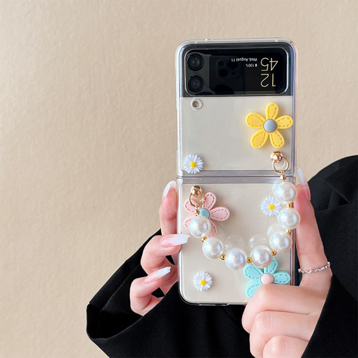 Ốp Lưng Samsung Z Flip 6 / Z Flip 5 / Z Flip 4 / Z Flip 3 Trong Suốt Hoa Nổi Xinh Xắn Kèm Dây Ngọc Trai Xỏ Tay - BUM STORE GALAXY CASE