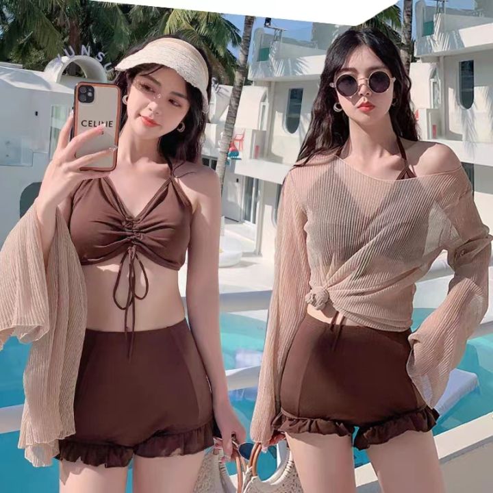 Sexy Tassel Solid Color High Waist Bikini Conservative Split Swimsuit main image 0