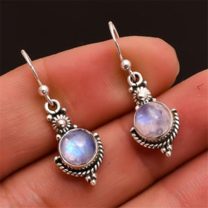 Phụ Nữ Cầu Vồng Moonstone Đồ Trang Sức Bông tai kiểu cổ điển Dân tộc Tribal Antique Eardrop