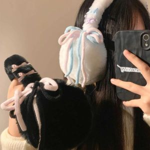 SWEET TIM ขนกระต่ายเทียม ที่ปิดหูกันหนาวผูกโบว์ ที่ปิดหู Y2k ที่ครอบหูกำมะหยี่ แฟชั่นสำหรับผู้หญิง หนาขึ้น ที่อุ่นหูสำหรับฤดูหนาว สาวๆ