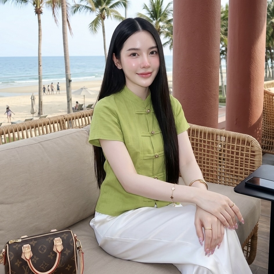เสื้อคอจีนแขนสั้นกระดุมเหรียญ ผ้าฝ้ายชินมัย ทรงสวย ใส่สบาย ไซส์ใหญ่ก็ใส่ได้ มุมมองที่ 6