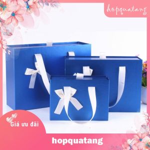 Hộp Quà Tặng Kèm Túi Màu Xanh Gắn Nơ Trắng Dạng Kéo Cao Cấp