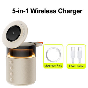 ZUZG 5-in-1 Wireless Charging Station with Bluetooth Speaker Night Light 360° Stereo Sound Fast Charger & Phone Stand Compatible with iPhone 17/16/15/14/13 Series & Earbuds & Apple Watch Gift Usb Powered Smart Cellphone