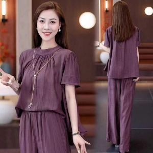 Phong cách Hàn Quốc cho Nữ Ngắn Tay Giản Dị Bộ hai mảnh Lỏng Lẻo Và Mỏng Tính Khí Phụ Nữ Đồng Bằng Thời Trang quần ống rộng Bộ vest 2 mảnh (gồm áo ngoài và quần âu) Quà Tặng Vòng Cổ