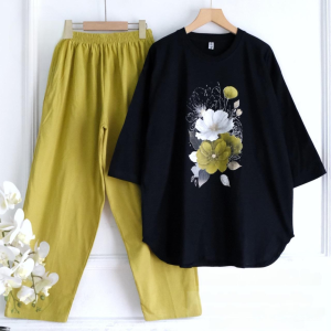Baju Setelan Jumbo Dewasa Flower Set Kaos Katun Combed 24s Aplikasi Sabin M L XL XXL 3XL BISA DIBELI TERPISAH Oneset Wanita Terbaru Kekinian Viral Setcel Remaja Ootd Casaul