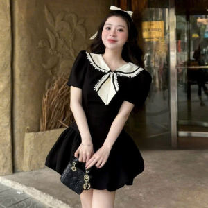 DX_Đầm tiểu thư đi tiệc váy công sở đầm cổ thuỷ thủ phối nơ chất Cotton Lạnh tùng bí có lót