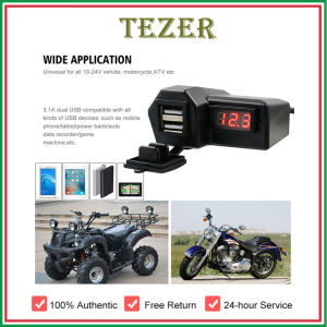 TEZER รถจักรยานยนต์มัลติฟังก์ชั่น USB คู่แบบพกพาที่ชาร์จแบตเตอรี่โทรศัพท์อะแดปเตอร์โวลต์มิเตอร์สายไฟกันน้ำรถจักรยานยนต์อุปกรณ์เสริม