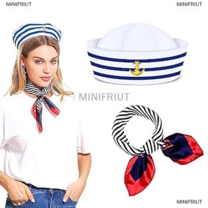 [COD] MINIFRIUT Women Small Square Scarf Sailor Cap Set Stewardess Striped Patchwork Satin Scarf With Carnival Christmas Striped Navy Sailor Cap