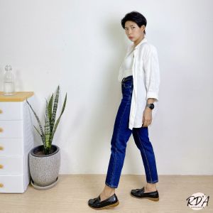 RDA Apparel. กางเกงขายาว ผญ เอวสูง ทรงบอยสลิม สีฟอก พร้อมส่ง S-XL กางเกงยีนส์ผู้หญิง Boyfriend ผ้าไม่ยืด Basic jeans ยาว 35 นิ้ว