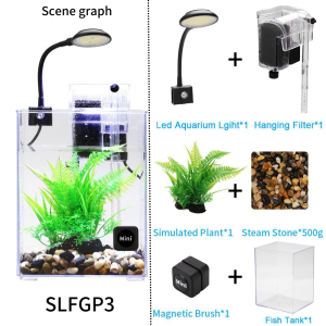 Emango With Usb Lamps And Filter Brush Fake Water Grass Stream Stone Full Set Of Landscaping Small Plastic Square Fish Tank Apply Desk Home Sitting Room
