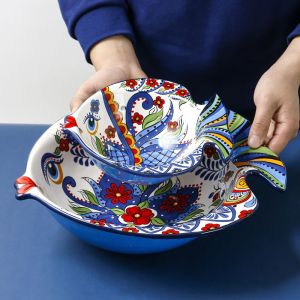 ชามจานผลไม้ชามสลัดเซรามิกเพ้นท์สีด้วยมือทรงปลาความจุมากของตกแต่งบ้านสไตล์อเมริกัน OMK