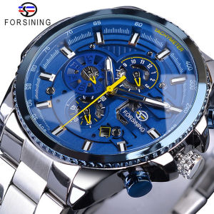 Forsining Rose Golden Case Blue Stainless Steel Mens Business Sport Mechanical Automatic Wrist Watch Three Dialy Multifunction