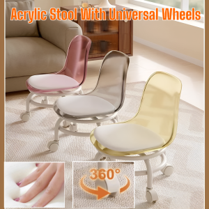 Acrylic Transparent Stool With Universal Wheels Silent Home Use Portable Lightweight Small Stool Back Support Chair