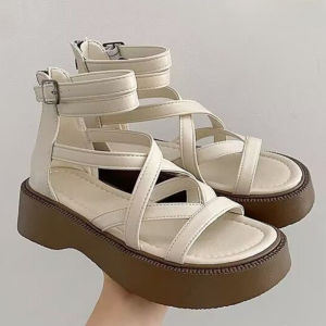 รองเท้าแตะส้นหนาทอพื้นรองเท้าหนามีซิปด้านหลังสำหรับผู้หญิง2023ฤดูร้อนใหม่รองเท้าแตะโรมันฟองน้ำ