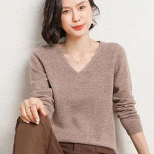 Womens Long Sleeve Casual Loose V Neck Solid Color Knit Pullover Sweater Tops