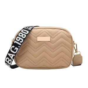 TB BAG #163 FASHION LEATHER QUILTED CROSSBODY BAG WITH CHEVRON PATTERN AND BLACK STRAP FEATURING WHITE TEXT FOR WOMENS