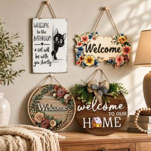 CHLOCH 1151 Retro Style 2D Round Welcome Sign 2D Flat Warm Home Hanging Wooden Board Wall Sign Front Door Decor