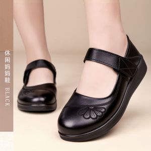 Free Shipping Black Soft-Soled Non-Slip WomenS Casual Leather Shoes Thick-Soled Comfortable Mid-Aged Style With Velcro Closure And A Round Toe