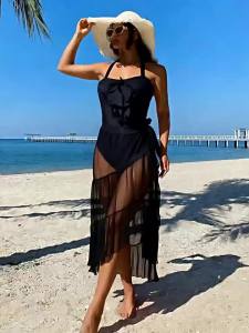2026 Hot Sale [ Shipped from China ]2026 New red elegant and flowing strapless  bikini with slit long skirt beach swimsuit set B3