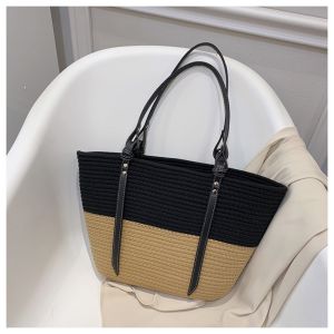 DenDen Large Capacity Summer Straw Tote Bag Women Leather Strap Handmade Casual Rattan Style Fashionable Picnic Beach Beg Tangan Wanita Kapasiti Besar 草编包大容量单肩包女