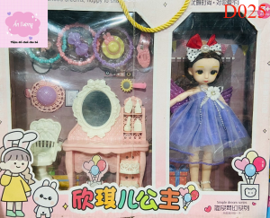 Đồ chơi bé gái - Đồ chơi búp bê- Hộp búp bê Barbie búp bê BJD khớp xoay đầm xanh kèm phụ kiện bàn ghế trang điểm make