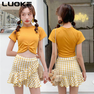 Luoke Blue / Black / Pink Short Sleeve Hot-selling Swimsuit Female Sport Swimwear Korean Style Two-piece Swimming Skirt Plus Size Swimsuit Slim Boxer Safety Pants Hot Spring White Swimwear Yellow Swim Tops Women