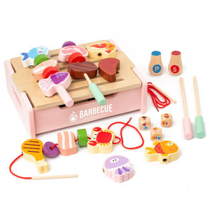 【S.mart】Wooden BBQ lacing skewers blocks pretend play toy set