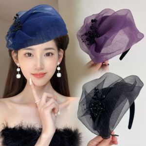 SUTONGXUE Mesh Yarn Half Hat Headband Bead French Style Hat Shape Hairband Fashion Hair Accessories Mesh Hair Hoop Ladies