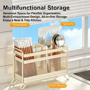 Keranixy Wall Mounted Chopsticks Holder Rust Proof Metal Mesh Cutlery Draining Rack Countertop Storage Bekas Penyud