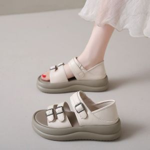 Summer 2024 French Leather Sandals Womens Versatile Flat Casual Athletic Sandals