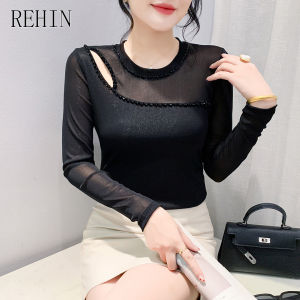 REHIN Autumn Mesh Crew Neck Pearl-Embellished Long Sleeve T-shirt  New Pullover Elegant Womens Top