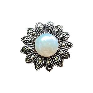 KJ121 แหวนมุก Akoya แท้ล้อม Marcasite รูปทรงดอกทานตะวัน ขนาดแหวน 54