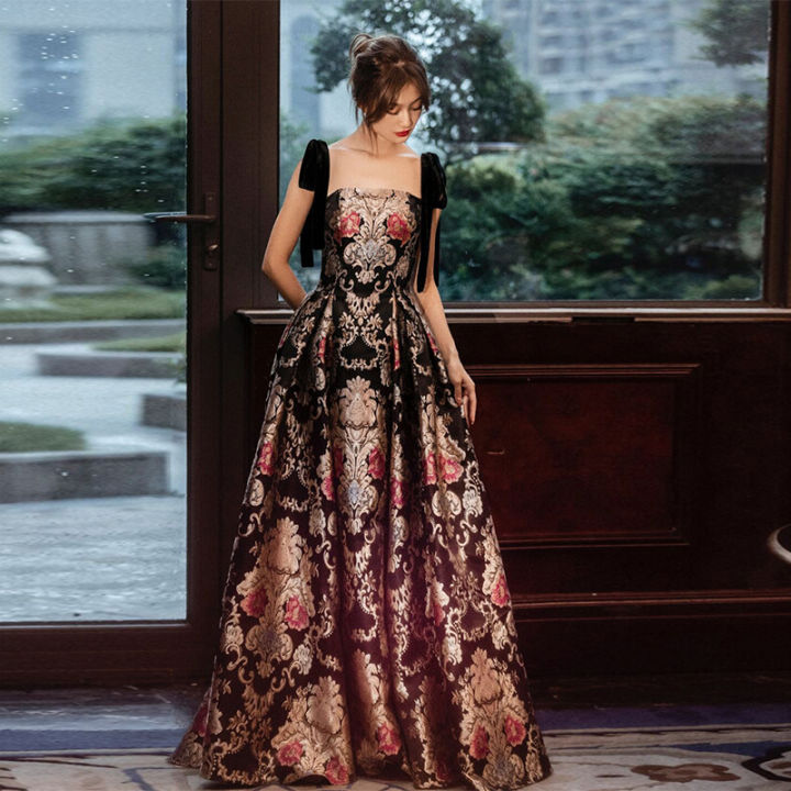 9Sbird Female Formal Evening Dress Flower Embroidery Spaghetti