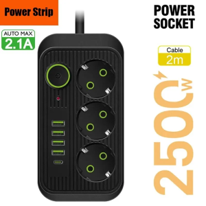 STOP KONTAK SMART POWER STRIP SOCKET COLOKAN LISTRIK 3 SOCKET 5 USB TYPE C 2500W FAST CHARGER SMART HOME USB SOCKET