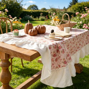 French Ruffle Edge Tablecloth Exquisite Full-Print Pink Rose Rectangular Multi-Scene Table Cover Soft Breathable for Decor & Daily Use