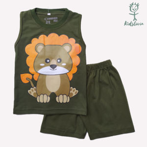 Setelan Kaos Kutung / Singlet Anak Bahan Katun untuk Anak Usia 1-6 Tahun Hewan Singa Hijau Tua