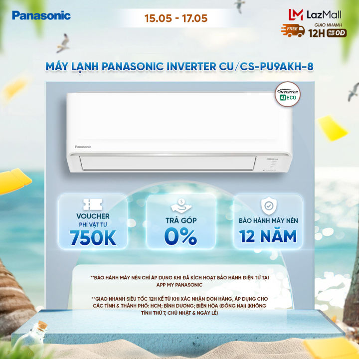 [Voucher 12% tối đa 500k trong Trạm Voucher][Độc quyền Online]Máy lạnh/ Điều hòa Panasonic Inverter CU/CS-PU9AKH-8 - Công suất 1HP - Một chiều - Eco AI - Lọc không khí bụi mịn - Wifi